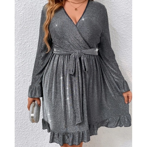 Dresses & Skirts - SHEIN Clasi Plus Surplice Neck Flounce Sleeve Ruffle Hem Belted Glitter Dress